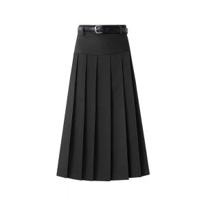 Spring & Fall Plus Size Black Suit Skirt Womens Plus Size Ladies High Waist Slim Looking Pleated Cover Mid Length Long Length A- line Umbrella Skirt
