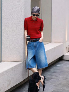 BOGUDU | Summer Casual Red Short Sleeve and Blue Denim Shorts Set