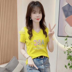 Slimming Pure Cotton Short Sleeve T-Shirt Womens Fashionable Summer New Loose Fit Shoulder Bared Rhinestone Design Top