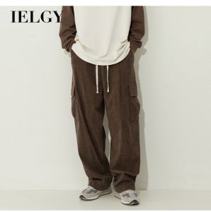 IELGY Corduroy casual pants for men autumn and winter retro loose workwear pockets and pleated design trousers at the feet
