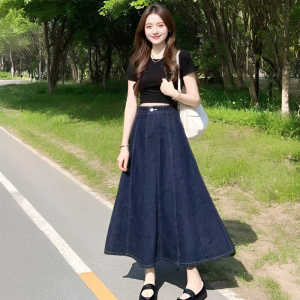 New 2024 Womens High Waist A-Line Mini Skirt Denim Slimming Midi Skirt Commuter Dark Blue Long Skirt Korean Style Cotton Polyester Blend