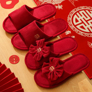 Dép Cưới Màu Đỏ Cho Cặp Đôi Lễ Cưới Mùa Thu Đông Vải Cotton Trang Trí Cưới Đầy Đủ Phụ Kiện Cưới