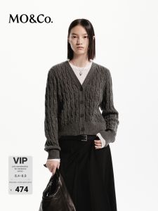 MO&Co. | 100 Pure Wool Cable Knit V-neck Short Cardigan