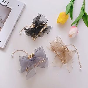 Korean Vintage Style Pearl Pendant Fairy Bow Shark Clip 新款网纱蝴蝶结造型优雅气质珍珠流苏头饰