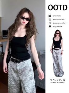 เสื้อยืดคอกลมแขนสั้นถักสีดำ เสื้อผ้าทำงานสไตล์เกาหลีทรงสลิมฟิตสำหรับฤดูร้อน แฟชั่นเสื้อผ้าผู้หญิง