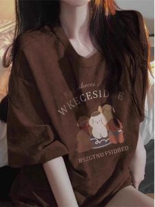American Style Brown Pure Cotton Short Sleeve T-Shirt Women Summer Half Sleeve High Street Retro Casual Student Versatile round Neck INS Top