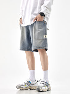 UKTK Retro Denim Shorts Mens Summer American High Street Loose Straight Leg Mens Pants New Trendy Brand Five-Quarter Pants