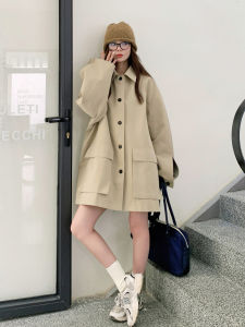Khaki Casual Vintage Workwear Style Womens Jacket Mid-Length Outerwear Loose Fit Korean Style Commute Pure Color Long Sleeve