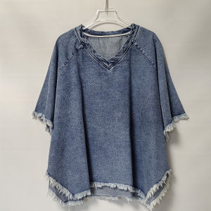 Summer 2025 Womens V-Neck Soft Denim Short Sleeve T-Shirt Casual Loose Fit Versatile Base Shirt Top Cotton Polyester Blend