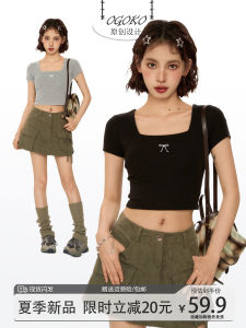 Áo Thun Nữ Ôm Vừa Vặn Cổ Vuông Tay Ngắn Màu Đen Mùa Hè Ôm Sát Eo Cao Hở Bụng Áo Ngắn Cổ Cao Tay Ngắn Phong Cách Đường Phố