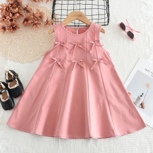 Fashion Pink 3-7 Years Girls Bow Decoration Princess Dresses Korean Version Casual Kids Clothes