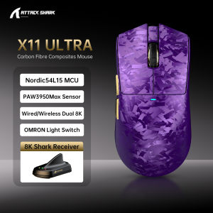 ATTACK SHARK | ATTACK SHARK X11 ULTRA Wireless Gaming Mouse 8K PAW3950MAX Carbon Fiber 59g Superlight Tri-Mode 42000 DPI Nano-Metal Ice Coating