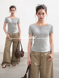 BAIDAIFEI | Áo Thun Crop Slim Fit Màu Xám