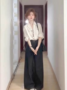 Deep Blue High Waist Wide Leg Denim Jeans Womens Loose Feeling Autumn 2024 New Style Long Straight Cut Pants
