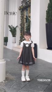 Váy đầm cho bé gái dáng xòe xếp ly cổ sen đính nơ mặc đi học đi chơi 1 đến 7 tuổi Bernie T0824V26