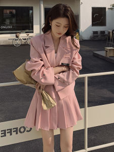 French Pink Gored Skirt Set Womens Fashionable Two-Piece Suite School Style Short Skirt Long Sleeve Elastic Waist Polyester Fiber