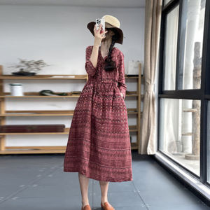 Large Size V-Neck Cotton Linen Dress Casual Summer Long Skirt with Printed Waistband for Women Pullover Style