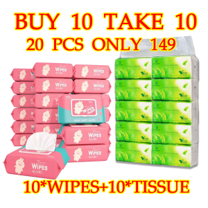 20Pcs baby wipes and tissue bundle Combo Unscented baby wipes 10 packs 80 sheet tissue and wipes set