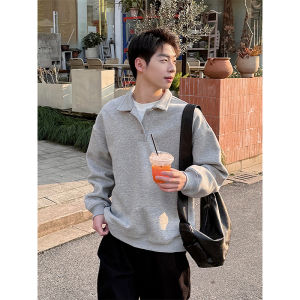 เสื้อยืดคอโปโลแขนยาวสีเทาดอกไม้สำหรับผู้ชาย ทรงหลวม ปกพับ ปกติ ผ้าโพลีเอสเตอร์ สไตล์อังกฤษ เสื้อยืดคอกลม