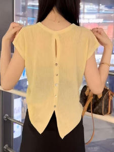 Áo Thun Tay Ngắn Lụa Băng Phong Cách Hàn Quốc Cho Nữ Mùa Hè 2025 Áo Thun Cổ Tròn Dáng Rộng Màu Trơn Chất Liệu Polyester