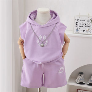 Boys Summer Outfit Set Korean Style Cotton Light Weight Casual Wear for 1-10 Years Old Boys with Hood V-Neck Vest And Shorts
