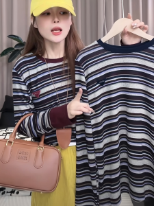 Long Sleeve Striped Pure Cotton Womens T-shirt Spring Autumn New Style Popular Loose High End Feeling Inner Wear Base Shirt Top