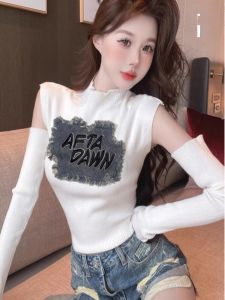 เสื้อถักสั้นทรงสลิมฟิตสำหรับผู้หญิง ฤดูใบไม้ผลิและฤดูใบไม้ร่วง เสื้อคลุมแขนยาวคอตั้งแขนยาวแบบสวมหัว ทรงเข้ารูป แขนยาว ปกตั้ง