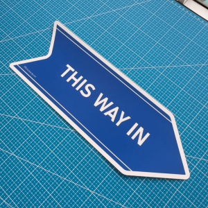 This Way In. Premium Sticker Sign Notice Signage Left or Right Arrow. Enter Here. Entrance Entry Go Inside Direction.