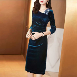 Elegant Velvet Wrap Dress Womens Fashion Slimming Mid-Length Autumn Winter High Waist Diamond Embellished Long Sleeve Dress