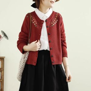Áo Len Cardigan Dệt Kim Tay Dài Cổ Tròn Thêu Hoa Cotton Dáng Rộng Mỏng Cho Nữ Mùa Xuân Thu Áo Khoác Ngoài Màu Trơn Dài Tay