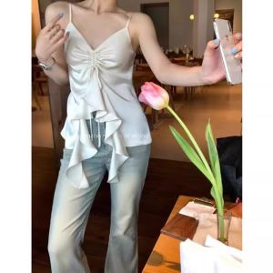 chaqi | Áo vest dây cổ chữ V satin thời trang cho nữ Áo khoác ngoài mùa hè cao cấp Áo lót ren kiểu Pháp gợi cảm Áo sơ mi dài tay thường ngày