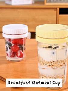 Cabify Soda Lime Glass 350ml Transparent Portable Overnight Oatmeal Glass Jar Container with Spoon and Lid