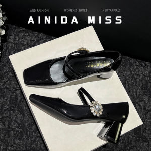 รองเท้าส้นสูงแบบ Mary Janes สไตล์ฝรั่งเศสย้อนยุคแบบหนังแกะสีดำ รองเท้าส้นเดี่ยวสำหรับผู้หญิง รองเท้าส้นแบนแบบสวมสบายสำหรับฤดูใบไม้ผลิและฤดูใบไม้ร่วง