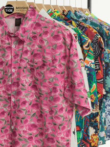 เสื้อเชิ้ตแขนสั้นพิมพ์ลายดอกกุหลาบ MOISHE TIDE ทรงหลวม สำหรับผู้ชาย ฤดูร้อน 2024 ผ้าโพลีเอสเตอร์ แฟชั่นชายหาด