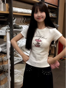 Slim Fit Short Sleeve T-Shirt Womens Summer Waist Cinching Versatile Student White Shoulder Length Printed Cotton Blend Tee