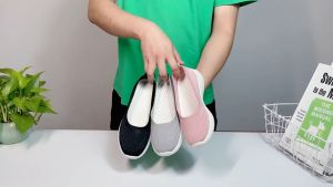 Fashion Korean 2024 Plain New Gray Grid Rounded Toe Lightweight Women Shoes Flat Slip On Casual Rubber Comfortable Sneakers Soft Elastic Lady Sport Running Breathable Shoe07