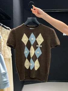 Slimming French Vintage Color Block Knitted Short Sleeve Early Autumn Short Style Blooming Flower Pattern Handbag Store Top