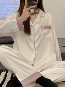 Ice ผ้าไหม แขนยาวบาง กางเกงขายาว ชุดนอนสีบริสุทธิ์ หวาน สไตล์ของแท้ ผ้าไหม เสื้อผ้าบ้านสําหรับผู้หญิง ฤดูใบไม้ผลิ ฤดูใบไม้ร่วง