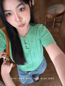 NINI ONE Korean Style Short Sleeve Knitted Sweater Mint Green Sweet Plump Hook Flower Design Slimming Top Womens Fashion