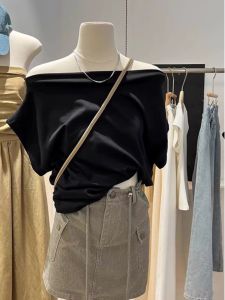 Black Slim Fit Half Sleeve T-Shirt Women Summer Korean Style Sweet And Spicy Girl Shoulder Bared Pleated Short Sleeve Top
