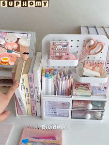 Book Stand Desk Organiser Pen Holder Storage box with drawer pegboard board rack Cosmetic Brush Holder