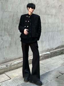 Cleanfit Black Mens Casual Loose Straight Leg Trousers High Waist Illusory Height Micro Flared Pants Long Pants Basic Style