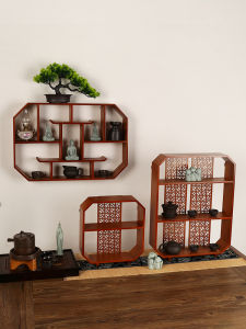 Antique Shelf Solid Wood Cut Out New Chinese Style Wall-Mounted Duobao Pavilion Desktop Storage Rack Teapot Tea Set Storage Display Stand