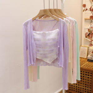 Ice Silk V-Neck Cardigan with Short Straps Ultra-Thin Long Sleeve Top for Summer Perfect for Small Female Fashion Lovers