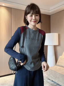 plus Size Color Block Long Sleeve Knitted T-Shirt Womens Autumn Fashion Slimming Base Layer Top Micro Plump MM Princess Style