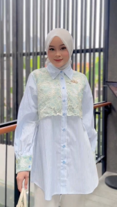 MDLY Baju Kemeja Atasan Wanita & Kemeja Casual Motif Garis Modern