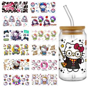 Cute Hello Kitty Cosplay UV DTF 16oz Stickers Decals for Libbey Glass Can Cup Mug Coffee DIY Gift Kawaii Popular