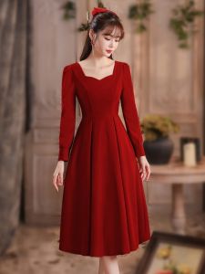 Elegant Red Wedding Dress for Women mid Waist a Line Skirt Long Sleeve Zipper Back Simple Style Party Evening Gown