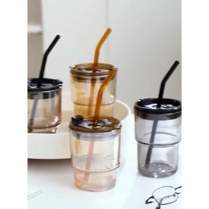 JD Home 🇲🇾 [Ready Stock] ❤ Coffee Glass Mug Leather Case Free Glass Straw Coffee Cup 400ML Glass Cup With Lid and Straw Transparent Mug Heat-Resistant Portable Juice Milk Tea Cup Travel Mug Cawan Kaca Cawan Kopi / 玻璃咖啡杯 - Lazada