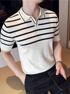 Áo Thun Nam Tay Ngắn Mùa Hè Ice Silk Mỏng Dệt Kim Sọc Cổ Chữ V Polo Cổ Điển Dáng Ôm Vừa Vặn Thời Trang Công Sở